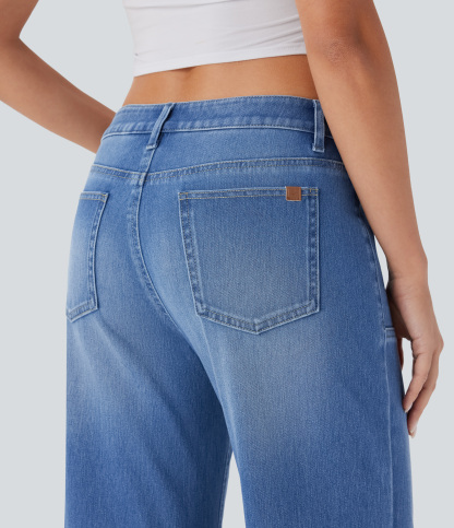 FlexLow Rise Zipper Pockets Baggy Wide Leg Flare Washed Casual Jeans