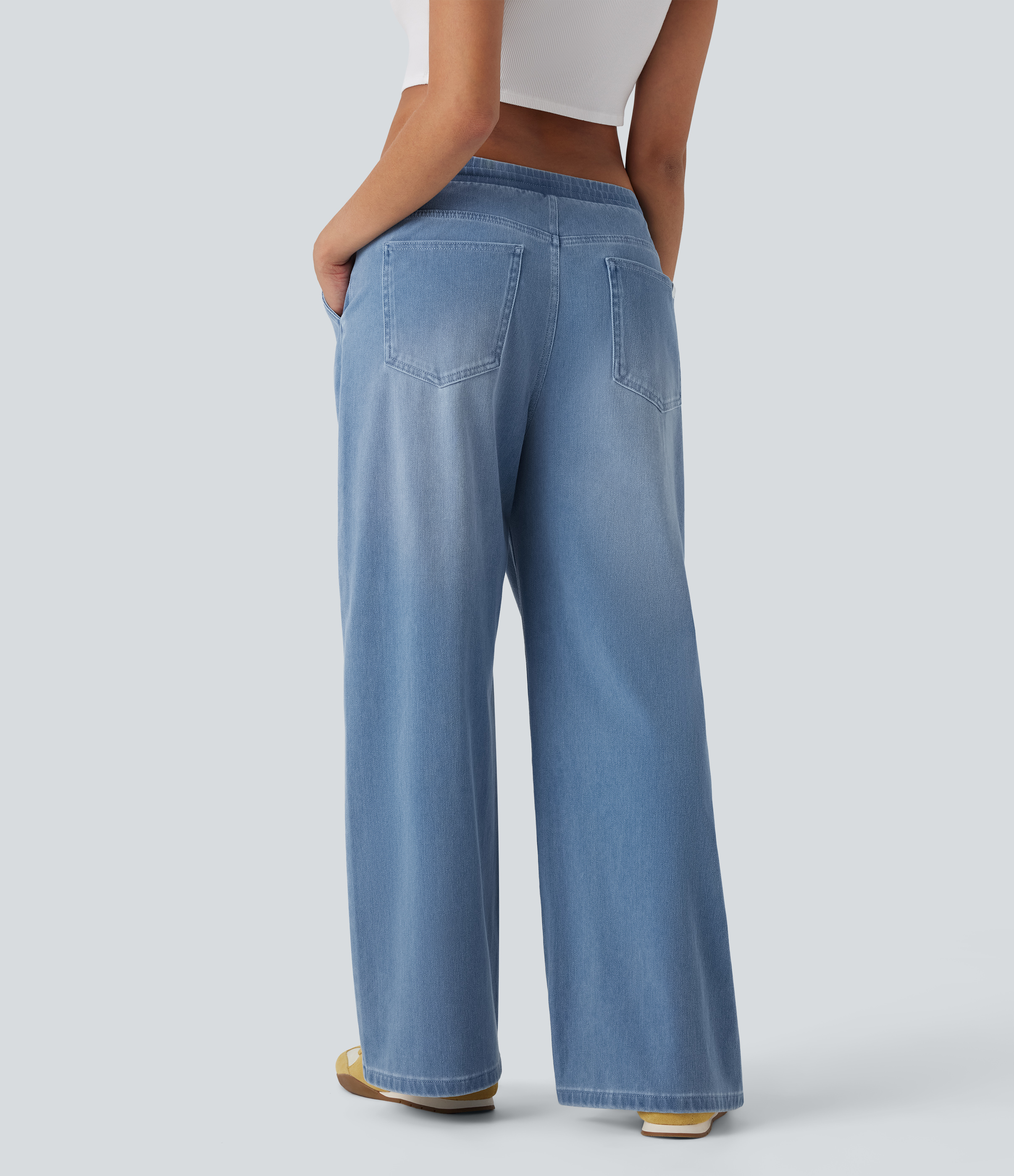 FlexLow Rise Drawstring Stretchy Knit Casual Baggy Sweatpants Jeans with Multiple Pockets