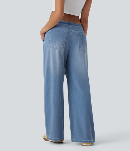 FlexLow Rise Drawstring Stretchy Knit Casual Baggy Sweatpants Jeans with Multiple Pockets