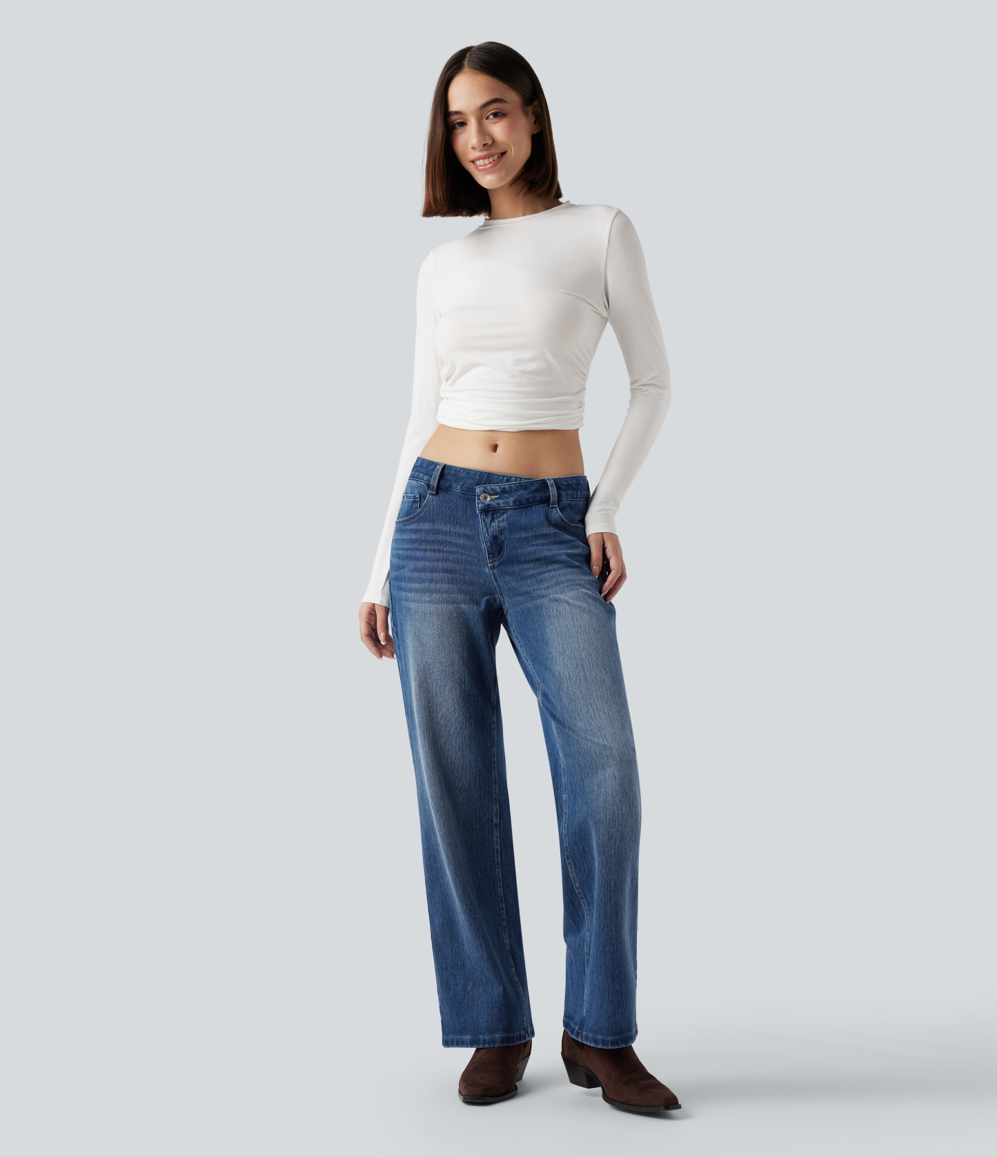 FlexAsymmetric Low Rise Straight Leg Casual Jeans with Pockets