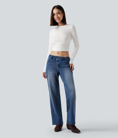 FlexAsymmetric Low Rise Straight Leg Casual Jeans with Pockets