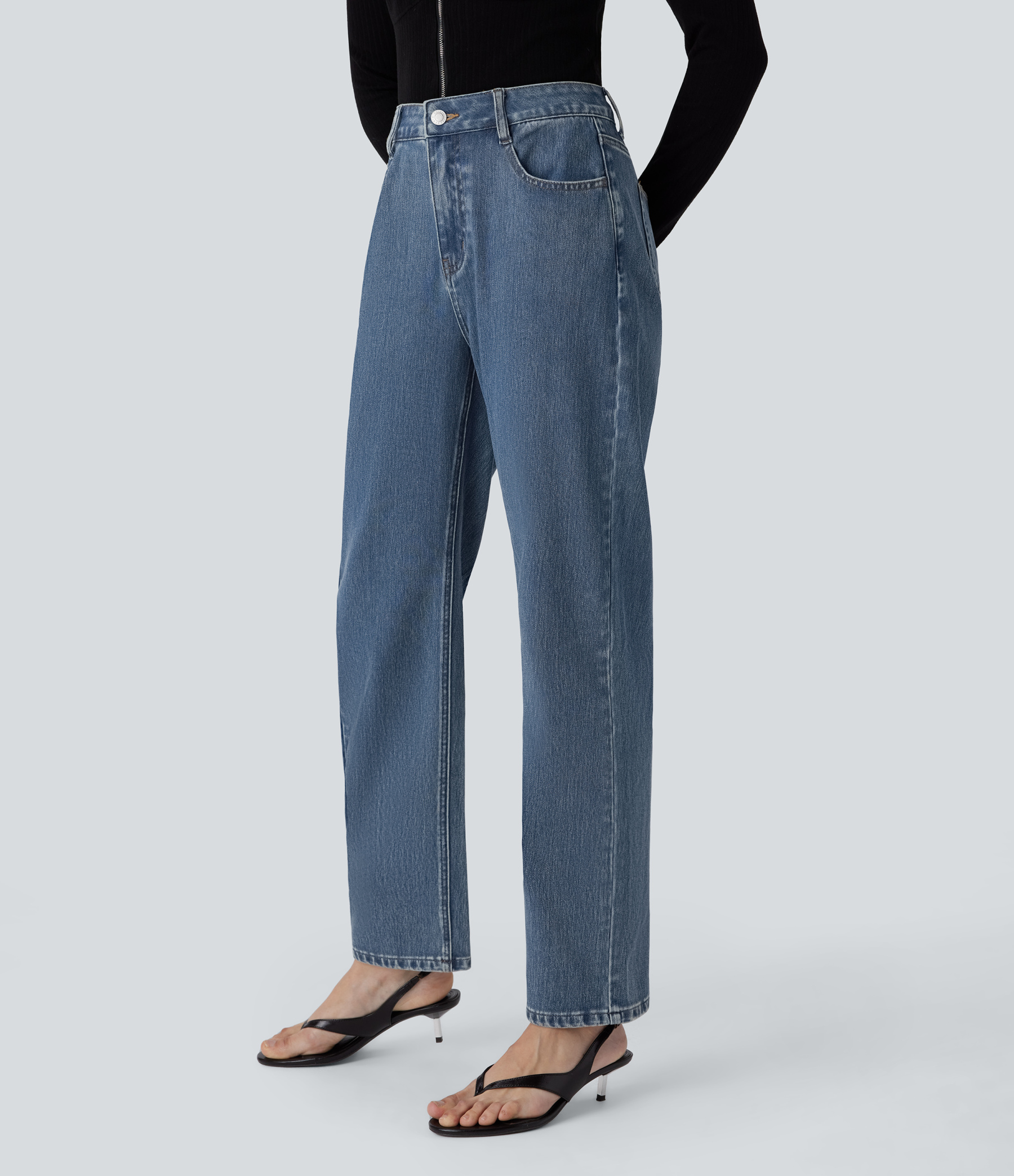 FlexHigh Waisted Zipper Pockets Straight Leg Casual Jeans