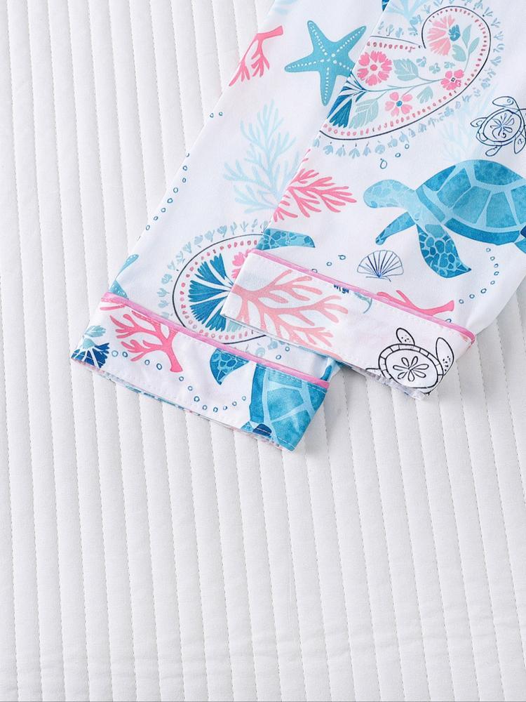 Women's 2-Piece Sleepwear Set, Turtle Print, Casual Fitted Long Sleeve Shirt & Elastic Pants, Soft Comfortable Home Wear Pajamas