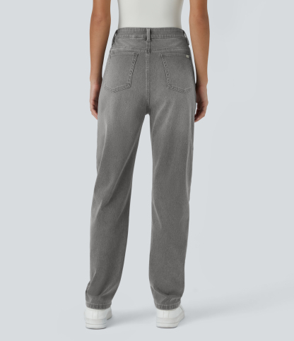 FlexHigh Waisted Zipper Pockets Washed Casual Jeans