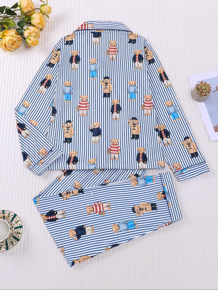 Women's Fall Winter Home Set, Cute Bear Print Pajamas, Casual Long Sleeve Shirt & Elastic Pants, Soft Stretch Fabric, Comfortable