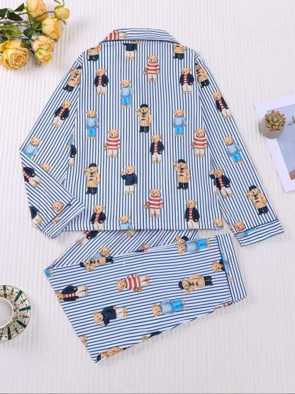 Women's Fall Winter Home Set, Cute Bear Print Pajamas, Casual Long Sleeve Shirt & Elastic Pants, Soft Stretch Fabric, Comfortable