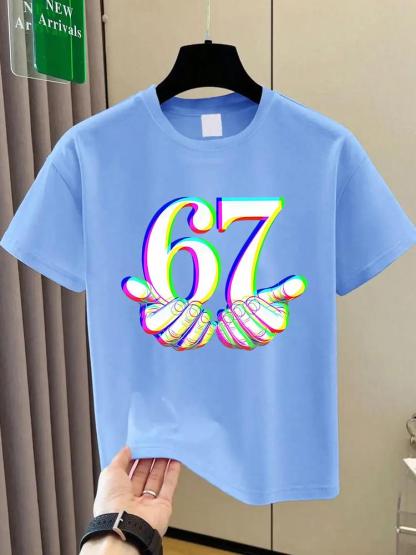Boys Summer Fashion Creative Six Seven Series Colorful Number 67 Print Short Sleeve T-Shirt, Soft Fitted Casual Top for Kids