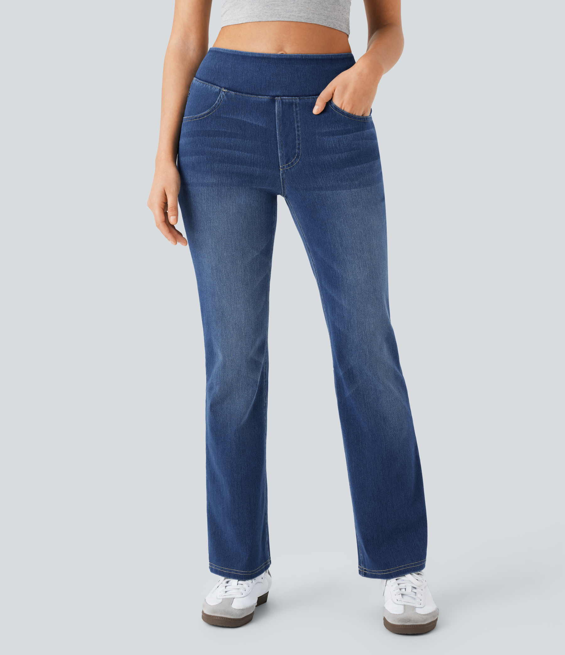 FlexHigh Waisted Pockets Washed Casual Bootcut Jeans