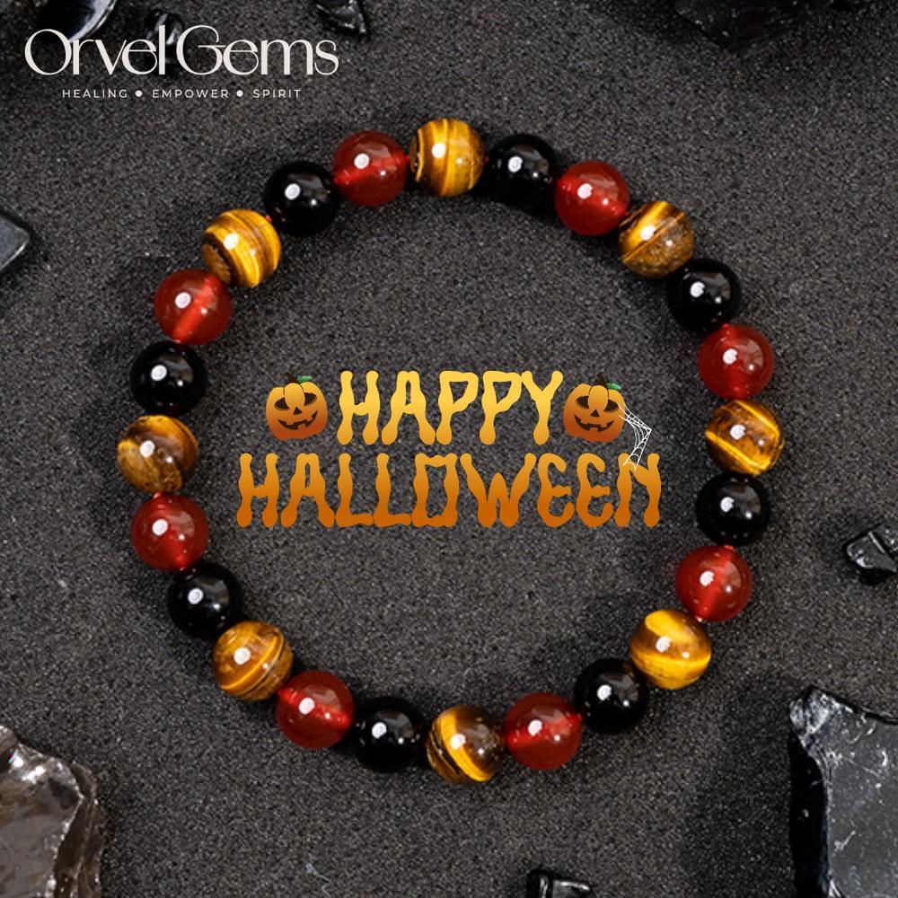 Halloween Protection Crystal Beaded Bracelet – Natural Stone Amethyst Black Onyx Hematite Tigers Eye Agate 8mm beads – Spiritual Grounding, Negative Energy Cleansing, Gift for Women, Men, Friends, Family, Halloween Party, Witchy Jewelry, Protection Amulet