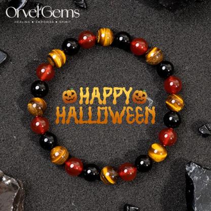 Halloween Protection Crystal Beaded Bracelet – Natural Stone Amethyst Black Onyx Hematite Tigers Eye Agate 8mm beads – Spiritual Grounding, Negative Energy Cleansing, Gift for Women, Men, Friends, Family, Halloween Party, Witchy Jewelry, Protection Amulet