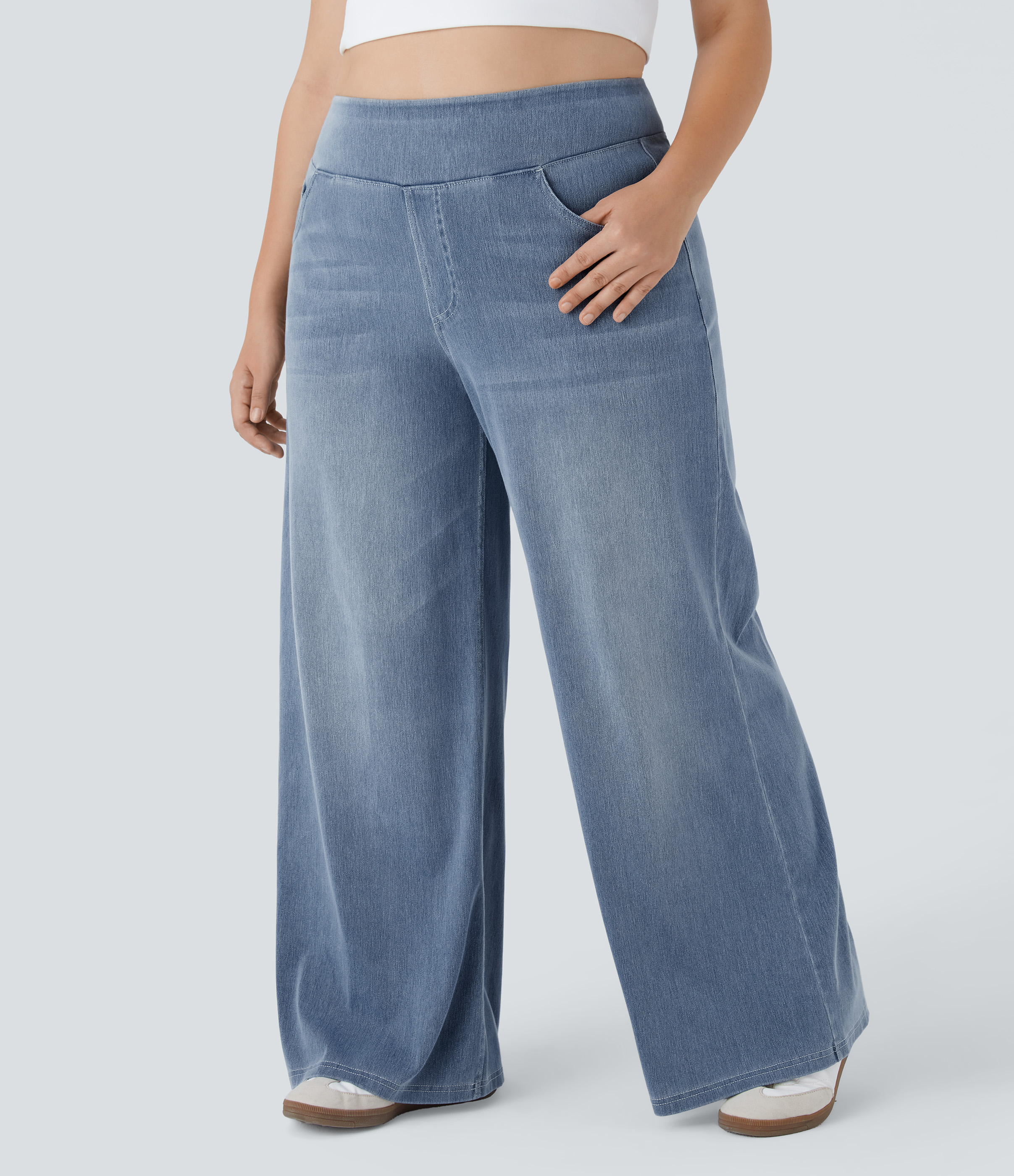 FlexHigh Waisted Pockets Baggy Wide Leg Washed Casual Plus Size Jeans
