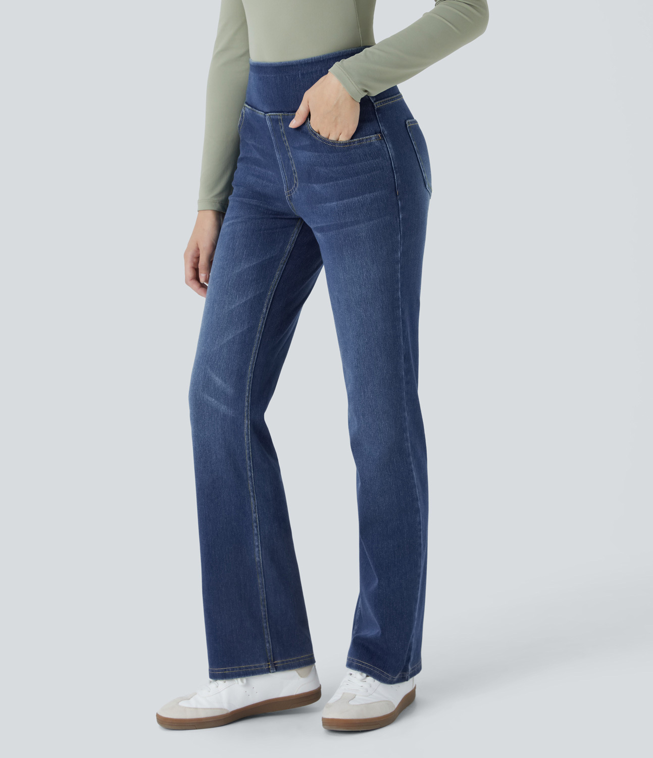 FlexHigh Waisted Pockets Washed Casual Bootcut Jeans