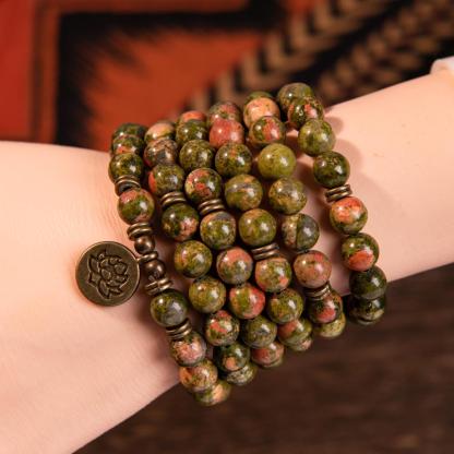 Unakite Healing Crystal Stone 108 Mala Beads Handmade Stacked Elastic Money Attraction Bracelet - Natural Stone Mindfulness Long Beaded Wrap  Genuine Gemstone Mala Prayer Beads Lotus Buddha Charm Yoga Japamala Jewelry Necklace , Elegant with Lotus Pendant