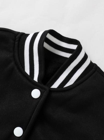 Girls' Short Baseball Jacket Coat, Cartoon Design, Elastic Fabric, Fitted Style, Fall & Winter School Uniform Outerwear, Striped Trim Jacket