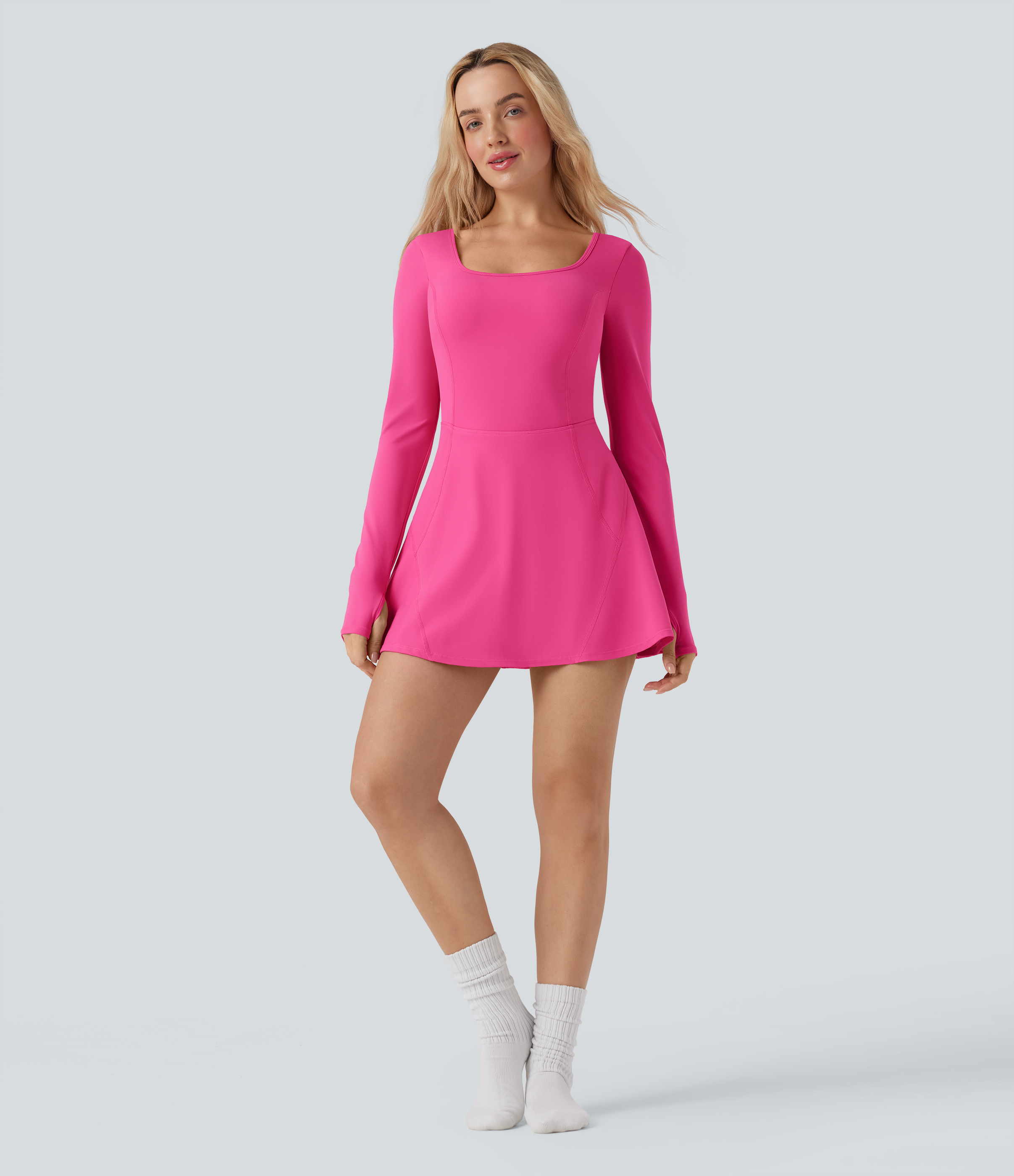 SoftlyZeroAiry U Neck Long Sleeve Thumb Hole 2-in-1 Cool Touch Mini Dance Active Dress with Pockets-Easy Peezy