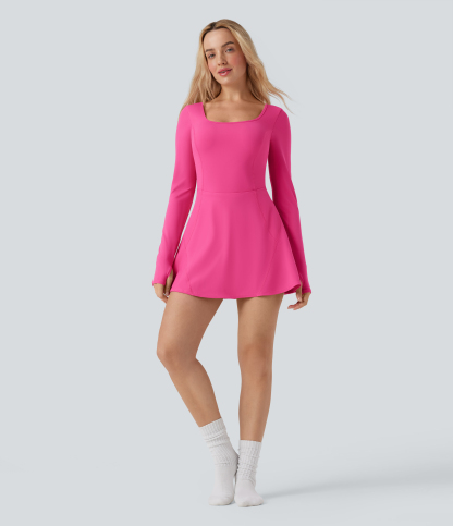 SoftlyZeroAiry U Neck Long Sleeve Thumb Hole 2-in-1 Cool Touch Mini Dance Active Dress with Pockets-Easy Peezy