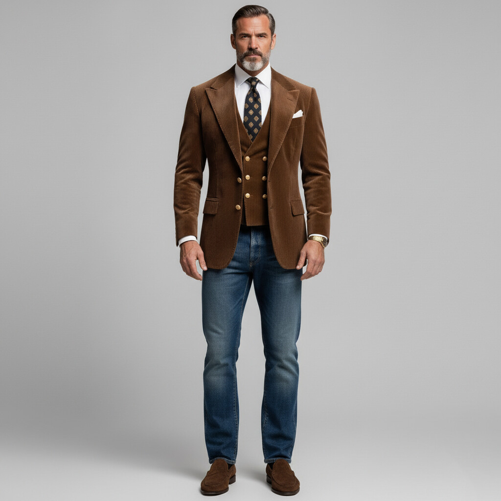 Men's Brown Peaked Lapel Long Sleeve Single Breasted Chest Pocket Corduroy Blazer