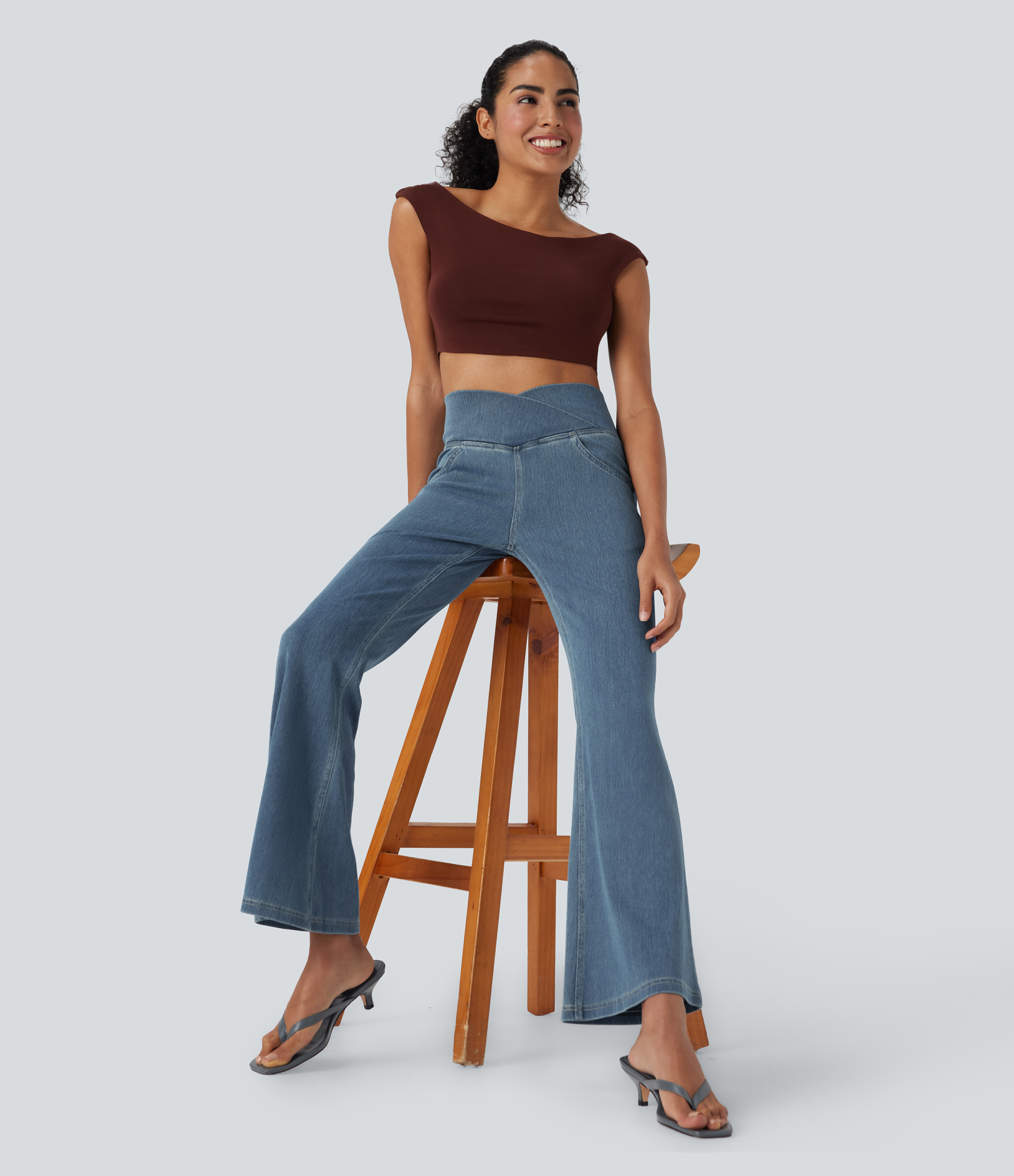 FlexHigh Waisted Crossover Pocket Washed Casual Jeans