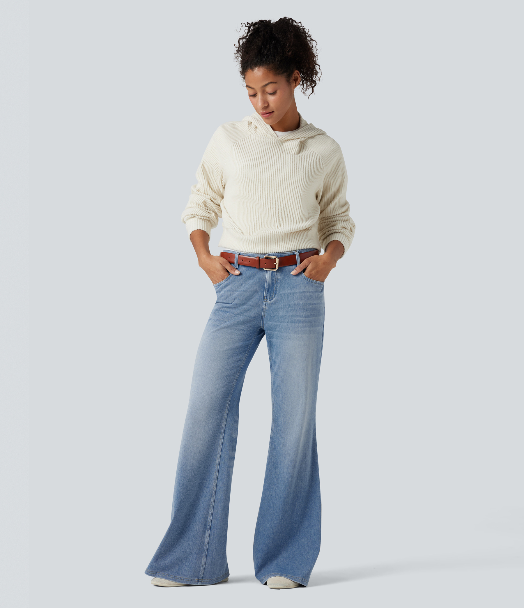 FlexLow Rise Flare Washed Casual Jeans with Pockets