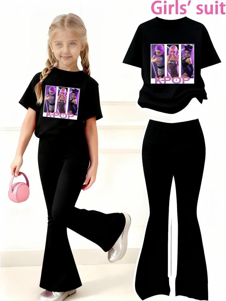 Girls' Kpop-Hunter Girl Print 2-Piece Set, Casual Sporty Short Sleeve Top and Bell Bottom Pants, Comfortable Elastic Waist, Spring Summer