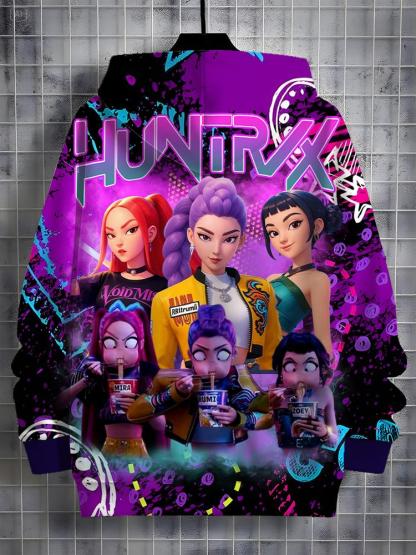 Girls Kpop Demon Hunters Hoodie, Casual Fall Winter Sportswear, Fitted Random Print Design, Durable Outdoor Activities, Christmas Gift