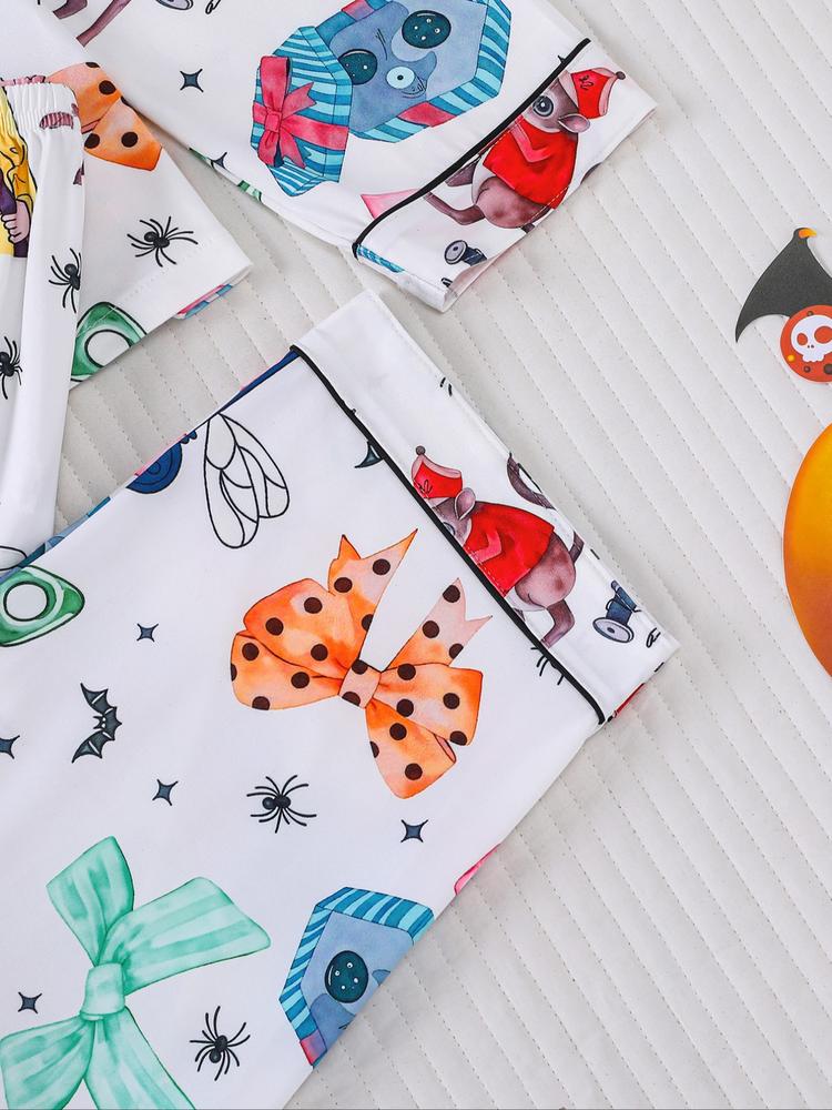 Women's Cartoon Print Pajama Set, Long Sleeve Shirt Collar Top & Elastic Pants, Casual Fall Winter Sleepwear, Comfortable Home Wear