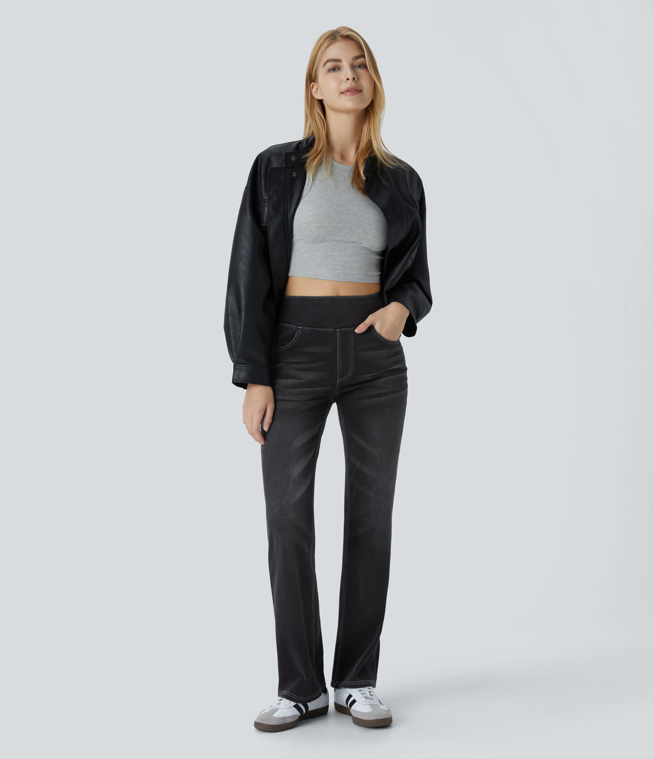 FlexHigh Waisted Pockets Washed Casual Bootcut Jeans