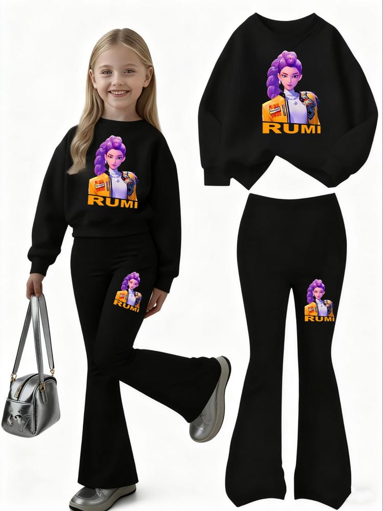 Anime Character Print Hoodie & Elastic Waist Pants Set, Casual Fitted for Girls, Spring & Fall Outdoor Indoor Activities