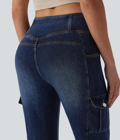 FlexMid Rise Crossover Denim Bootcut Casual Leggings with Pockets