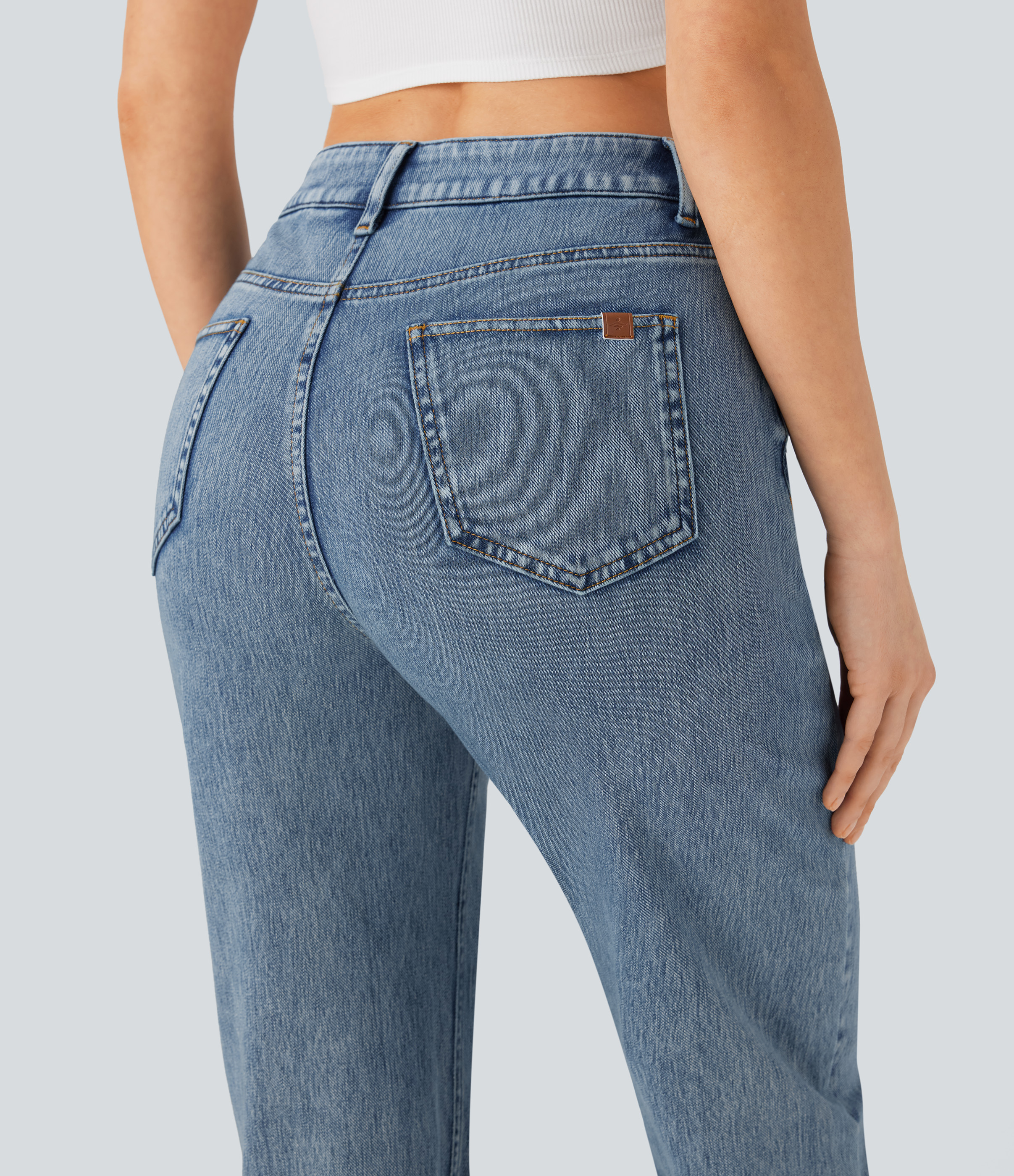 FlexHigh Waisted Zipper Pockets Straight Leg Casual Jeans