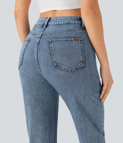 FlexHigh Waisted Zipper Pockets Straight Leg Casual Jeans
