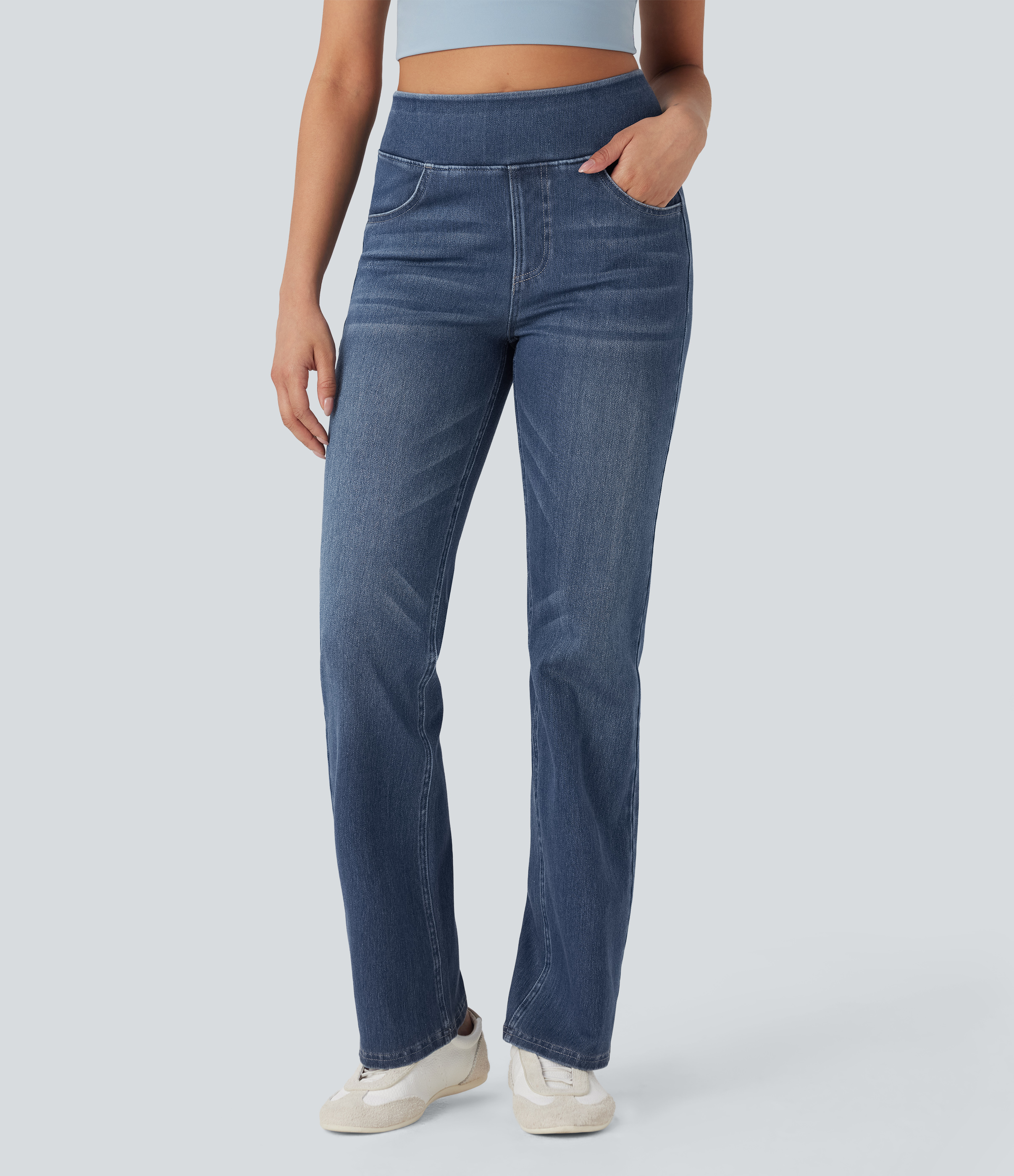 FlexHigh Waisted Washed Casual Bootcut Jeans with Pockets