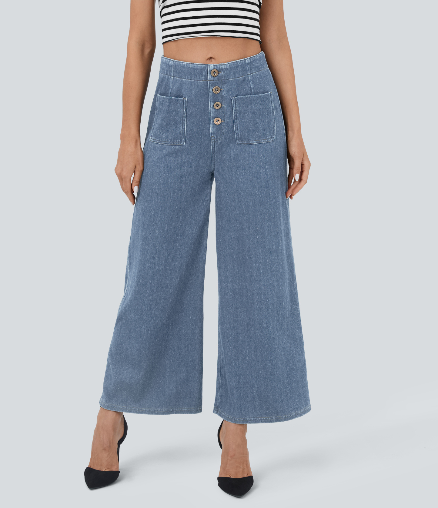 FlexHigh Waisted Pockets Washed Casual Wide Leg Jeans