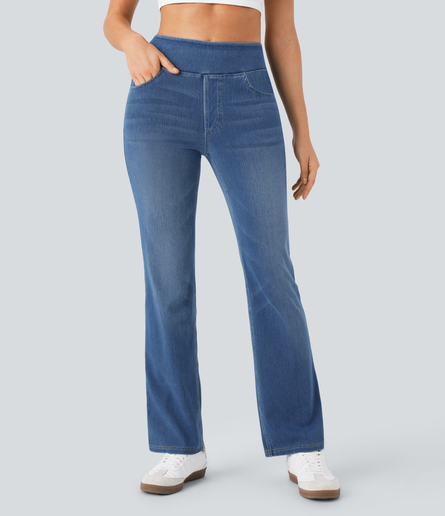 FlexHigh Waisted Pockets Washed Casual Bootcut Jeans