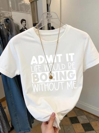 Girls Summer Fashion Creative Letter Pattern Print Short Sleeve T-Shirt, Outdoor Casual Comfortable Wear, Fitted Style, Moderate Fabric Funny Graphic Tee