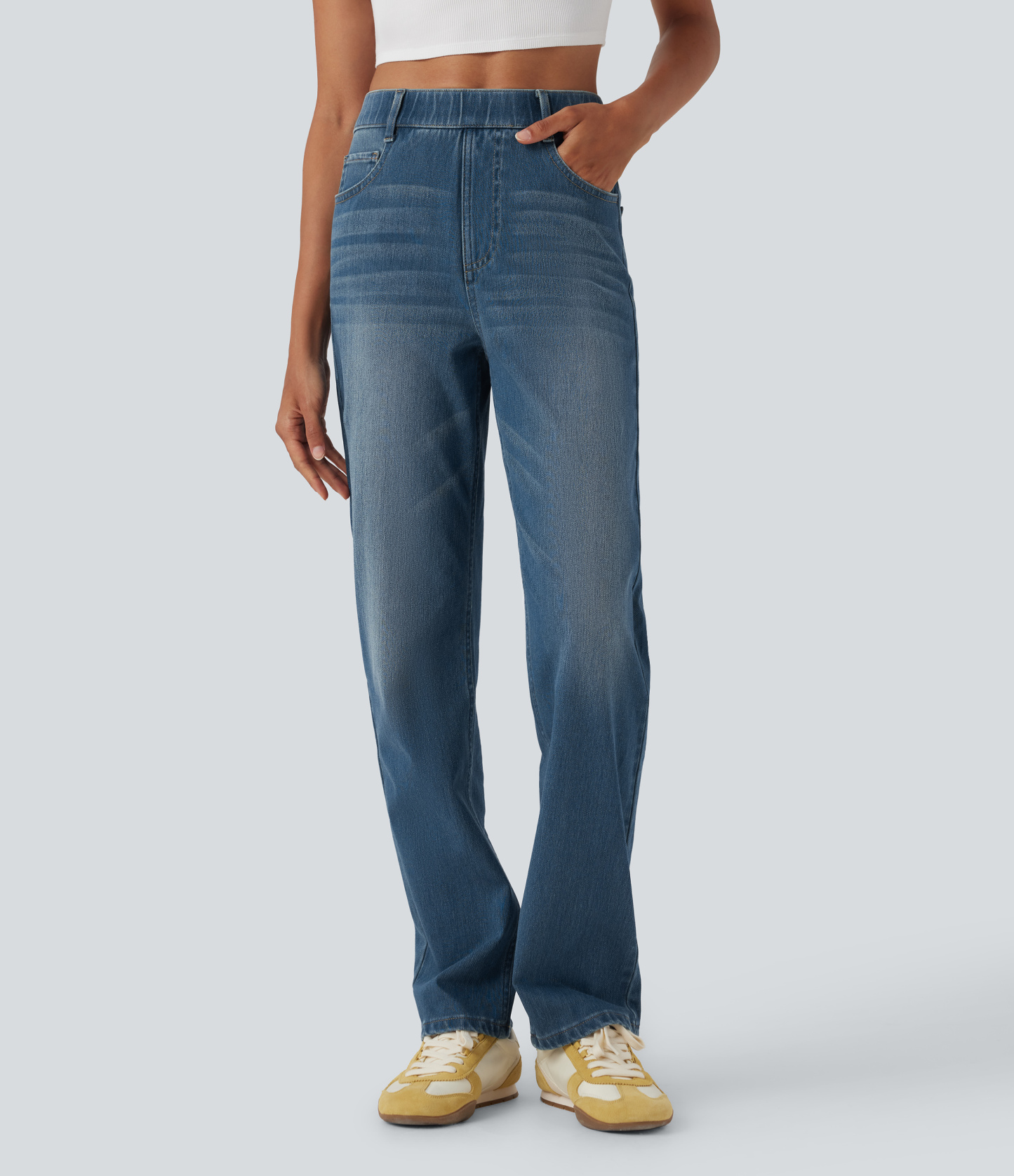 FlexHigh Waisted Pockets Straight Leg Washed Casual Jeans