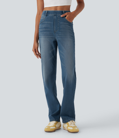 FlexHigh Waisted Pockets Straight Leg Washed Casual Jeans