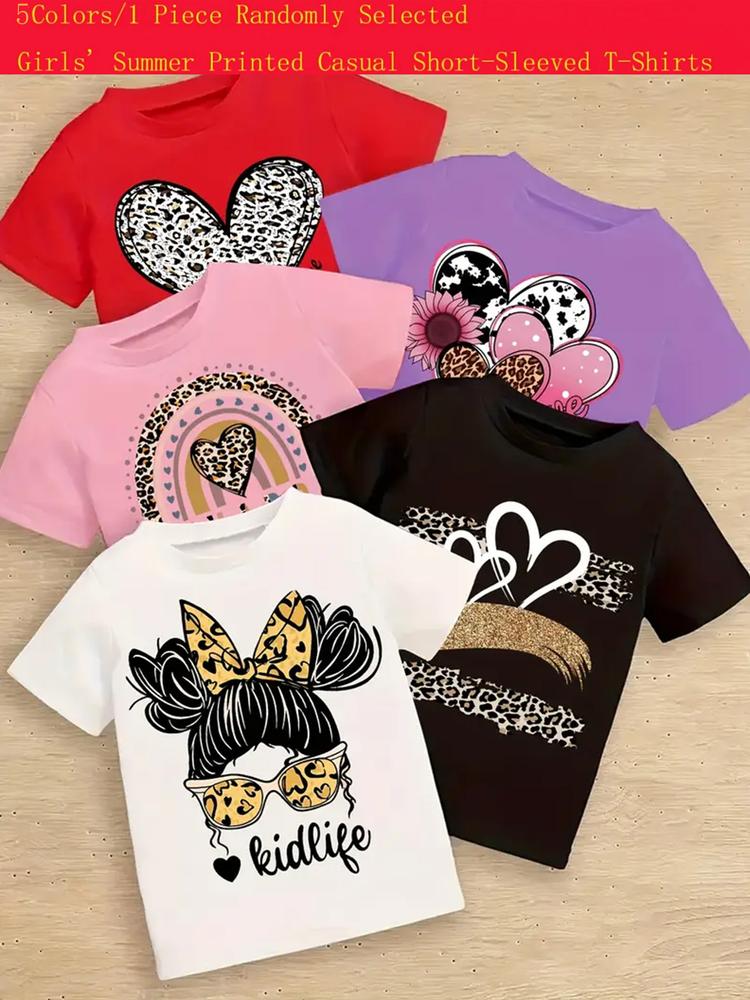 Girls' Summer Fashion Leopard Print Short Sleeve T-Shirt, Random Style, Comfortable & Versatile, Perfect Gift Idea