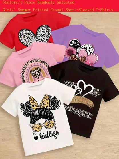 Girls' Summer Fashion Leopard Print Short Sleeve T-Shirt, Random Style, Comfortable & Versatile, Perfect Gift Idea