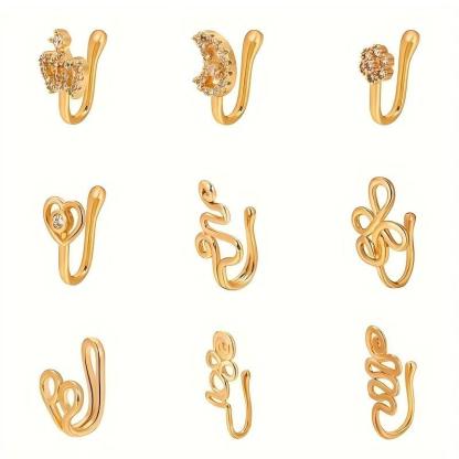 9pcs Nose Ring Jewelry Shape Nose Ring  Copper Non Piercing Nose Rings, U Shape Star Love Crown Nose Clip with Zirconia shape nose nose ring nose ring Punk Rhinestone Clip-On Gold gold  nose protection bracelet cross  septum Stainless Steel Charm