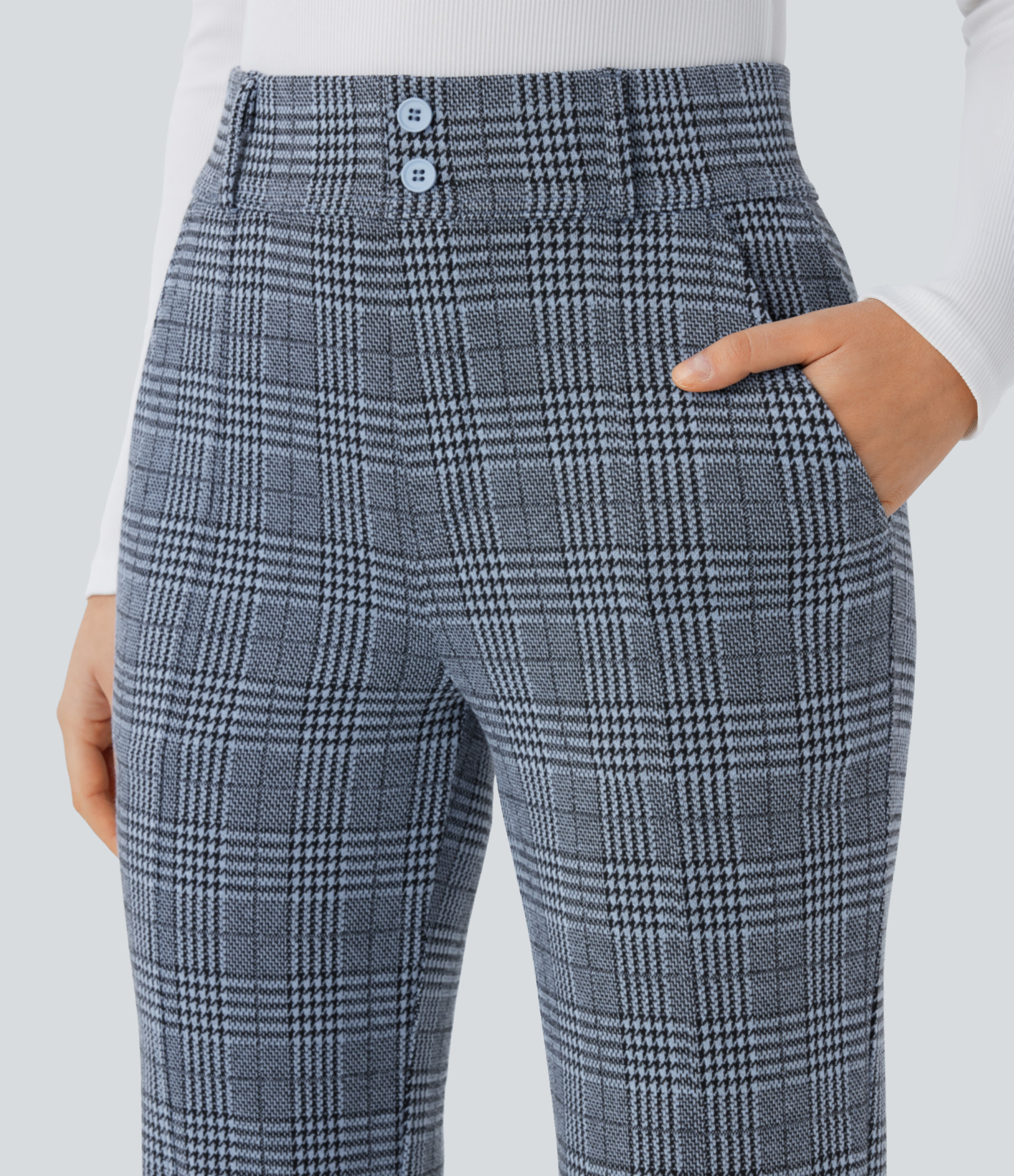 FlexHigh Waisted Decorative Pocket Houndstooth Plaid Work Flare Pants