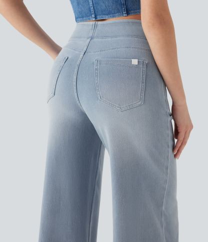 FlexHigh Waisted Pockets Baggy Wide Leg Washed Casual Jeans