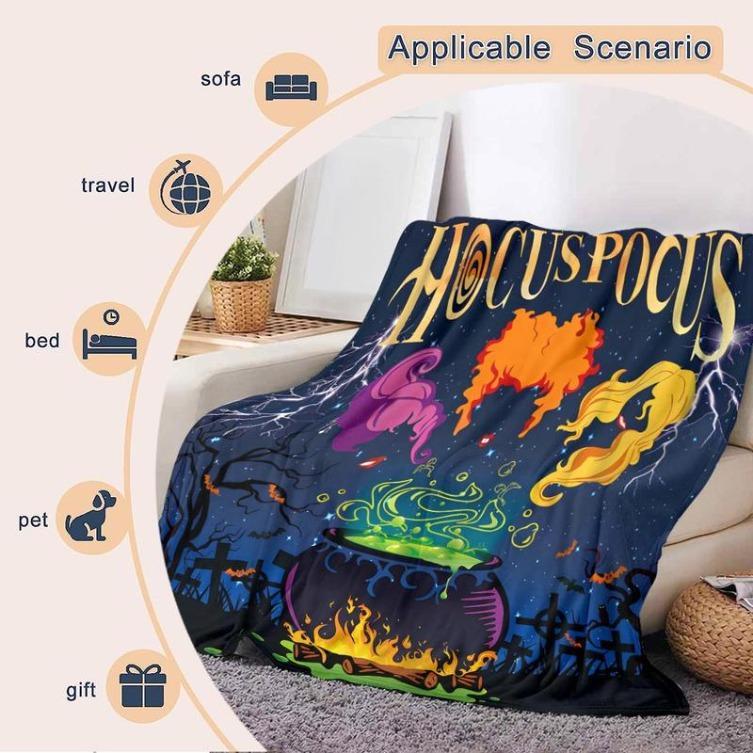 Hocus Pocus Themed Flannel Blanket, 1 Count Soft Washable Throw Blanket, Bedding Supplies For Home Office Travel Camping, Man Women Gift, Halloween