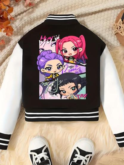 Girls' Halloween Christmas Short Baseball Jacket Coat, Kpop Hunter Design, Elastic Fabric, Fitted Style, Fall Winter Outdoor Indoor Sports Wear