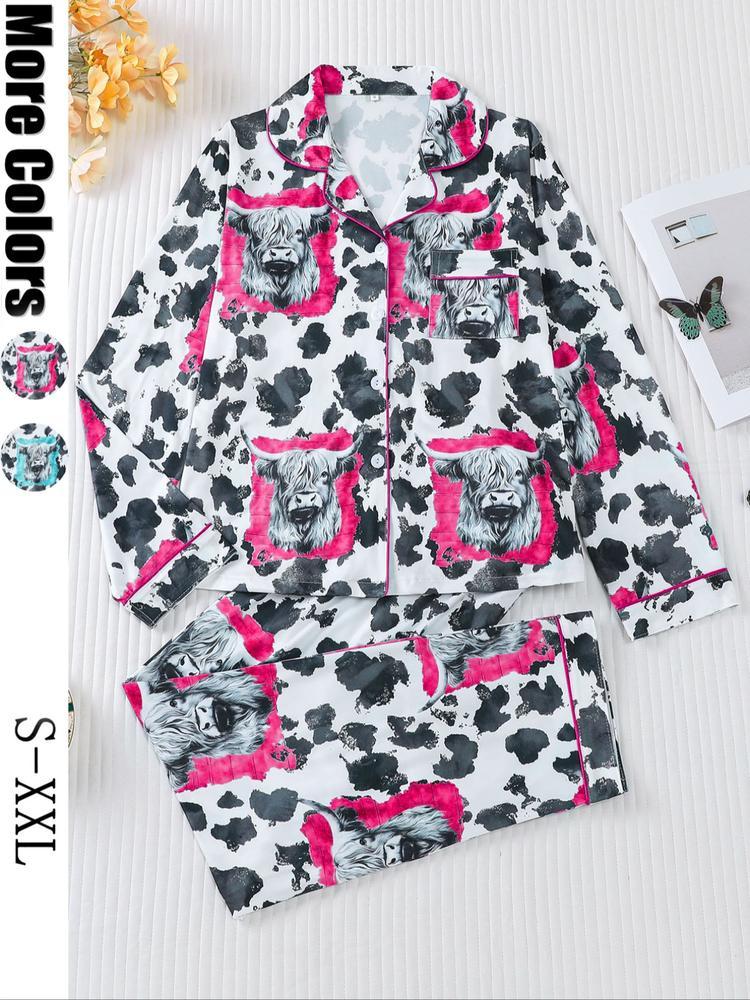 Women's 2-Piece Sleepwear Set, Highland Cow Print, Soft Shirt Collar Top & Elastic Pants, Casual Home Wear for Fall Winter