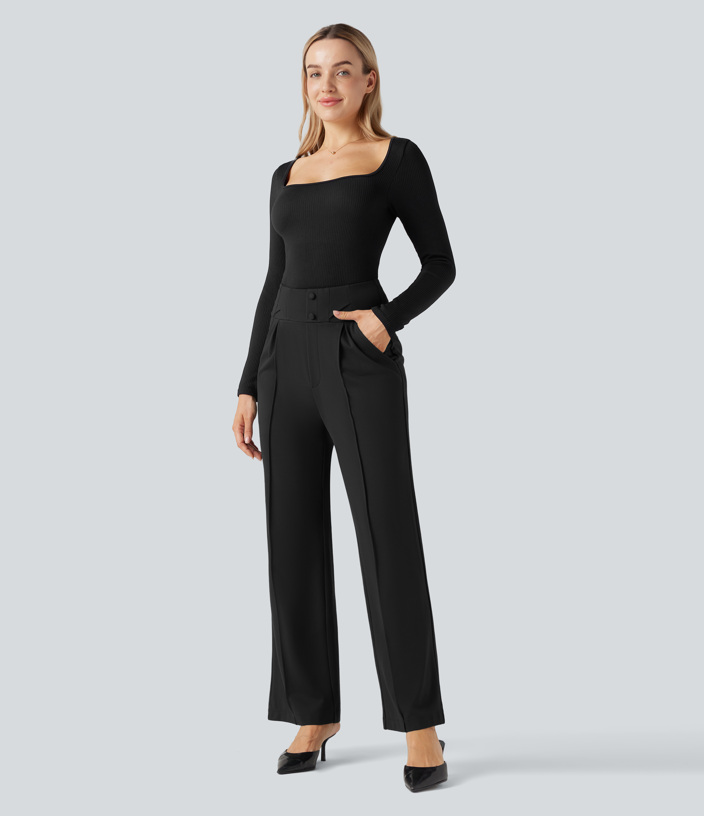 FlexHigh Waisted Straight Leg Work Pants with Pockets