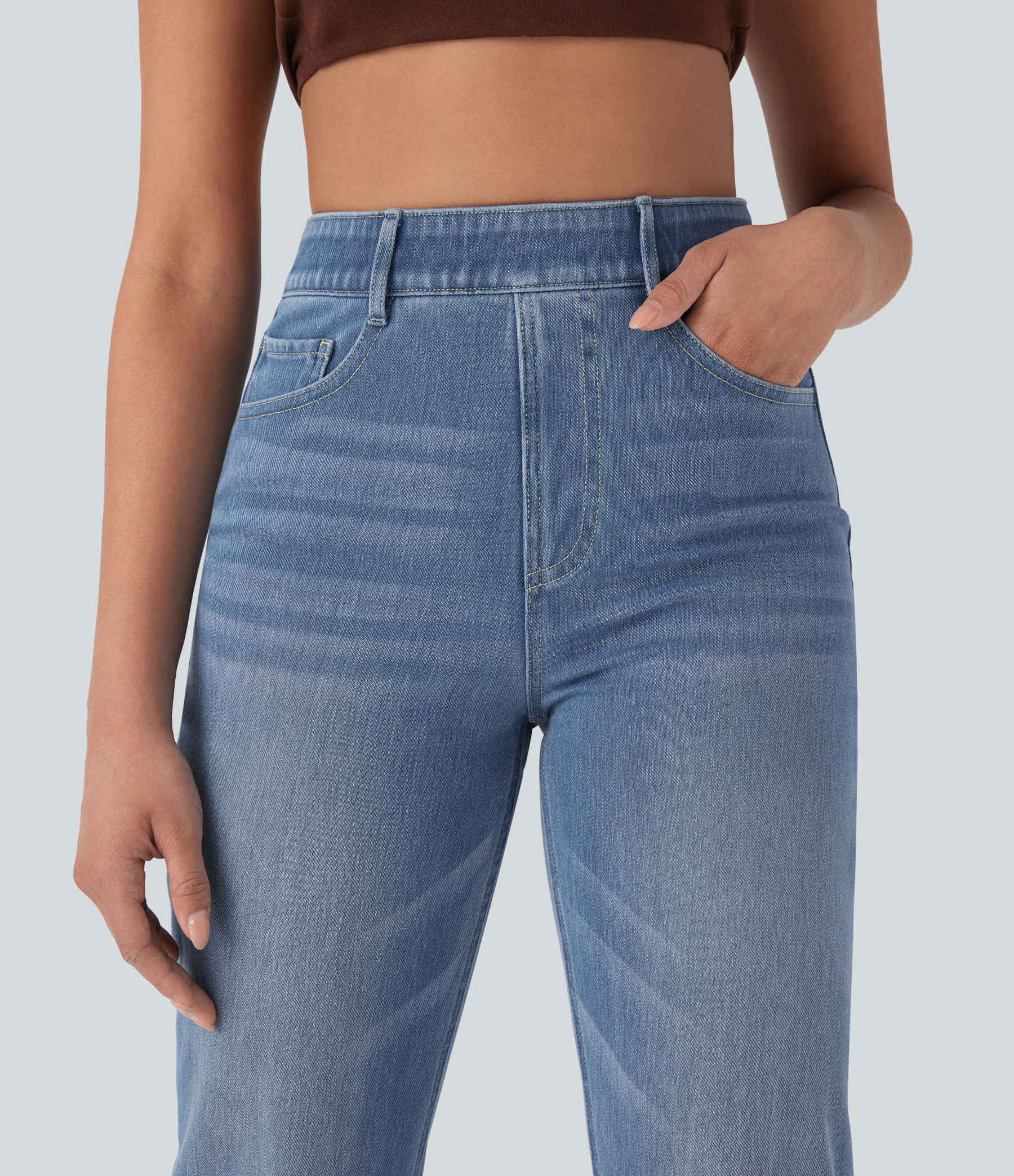 FlexHigh Waisted Pockets Straight Leg Washed Casual Jeans