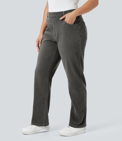 FlexHigh Waisted Pockets Straight Leg Washed Casual Plus Size Jeans