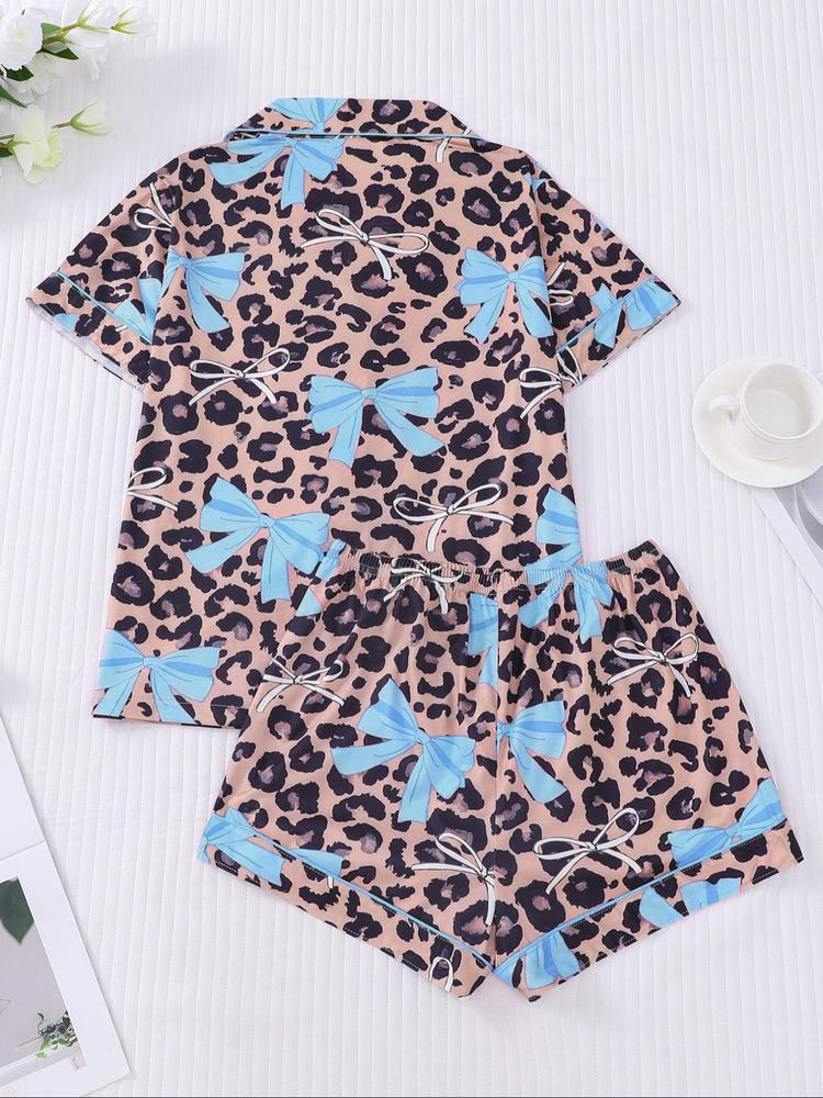 Women's Leopard Bow Printed Sleepwear Set, Casual Holiday, Soft Shirt & Elastic Shorts, All-Season Home Wear