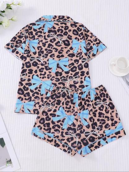 Women's Leopard Bow Printed Sleepwear Set, Casual Holiday, Soft Shirt & Elastic Shorts, All-Season Home Wear